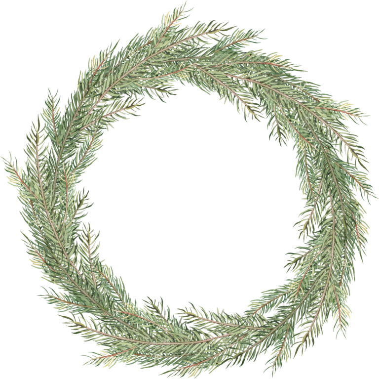 christmas wreath made of layered pine branches in soft watercolour style, Grey Barn Handwerk, Saskatchewan.